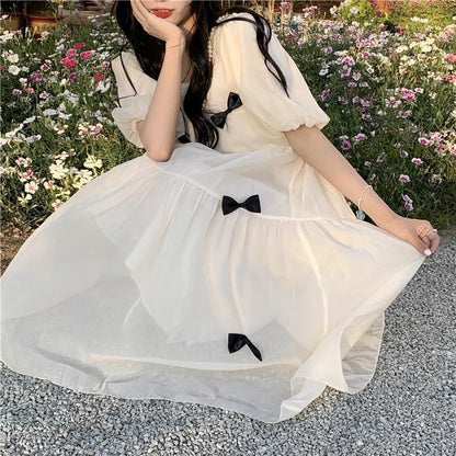 Puff-Sleeve Square Neck Plain Bow Midi Sundress