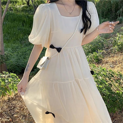 Puff-Sleeve Square Neck Plain Bow Midi Sundress