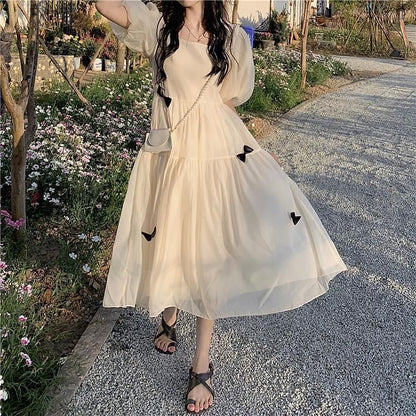Puff-Sleeve Square Neck Plain Bow Midi Sundress