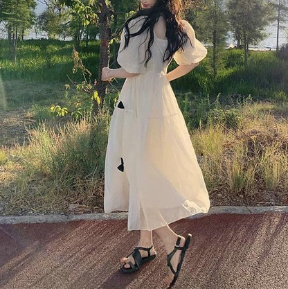 Puff-Sleeve Square Neck Plain Bow Midi Sundress