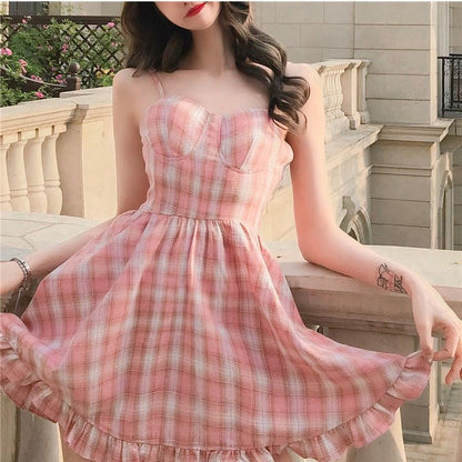 Spaghetti Strap Plaid Ruffle Mini A-Line Dress