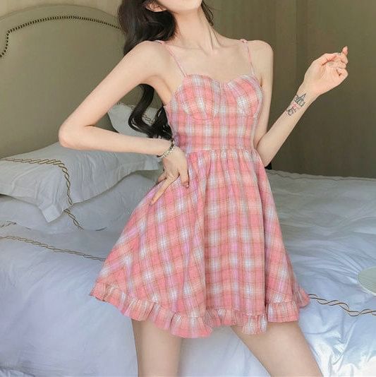 Spaghetti Strap Plaid Ruffle Mini A-Line Dress