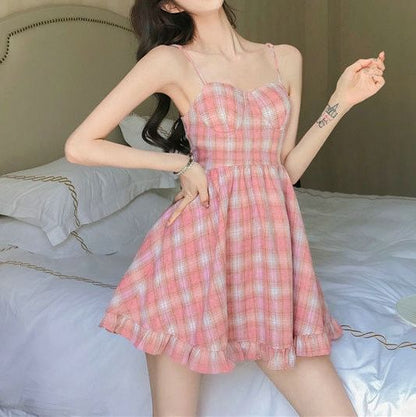 Spaghetti Strap Plaid Ruffle Mini A-Line Dress