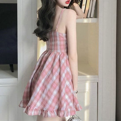 Spaghetti Strap Plaid Ruffle Mini A-Line Dress
