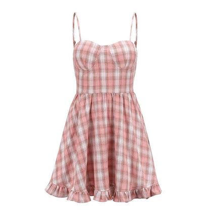 Spaghetti Strap Plaid Ruffle Mini A-Line Dress