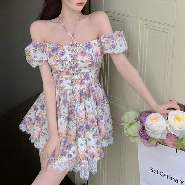 Puff-Sleeve Floral Lace-Up Lace Trim Mini A-Line Dress