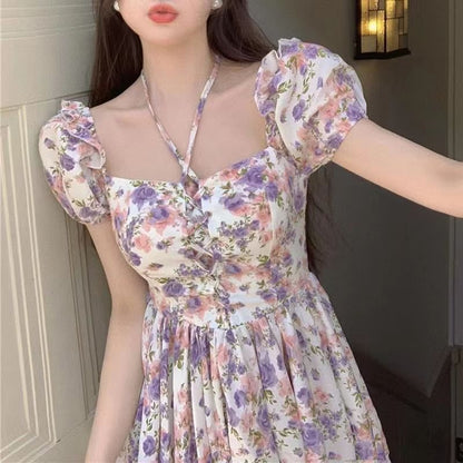 Puff-Sleeve Floral Lace-Up Lace Trim Mini A-Line Dress