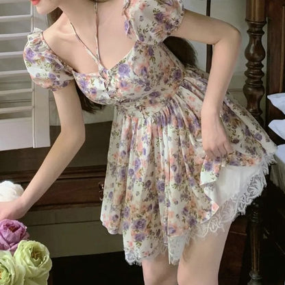Puff-Sleeve Floral Lace-Up Lace Trim Mini A-Line Dress