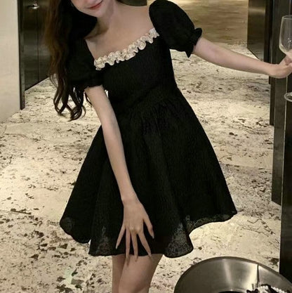 Puff-Sleeve Square Neck Plain Ruffle Mini A-Line Dress