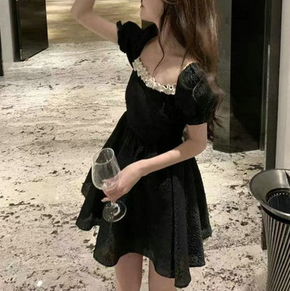 Puff-Sleeve Square Neck Plain Ruffle Mini A-Line Dress