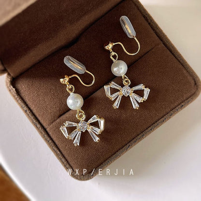 Pearl Drop Bow Rhinestone Alloy Faux Earring