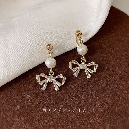 Pearl Drop Bow Rhinestone Alloy Faux Earring