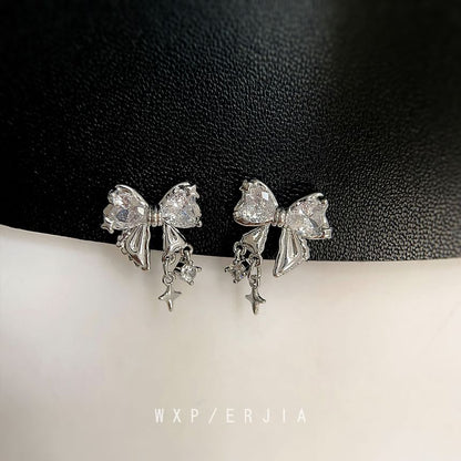 Alloy Rhinestone Earring Bow Drop