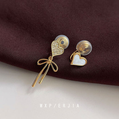 Heart Alloy Bow Shell Earring Asymmetrical Drop Rhinestone