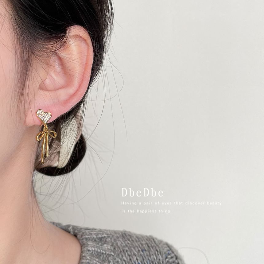 Heart Alloy Bow Shell Earring Asymmetrical Drop Rhinestone