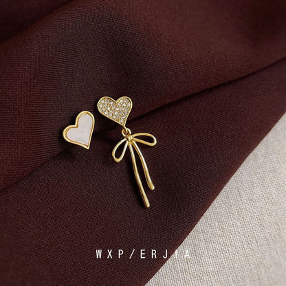 Heart Alloy Bow Shell Earring Asymmetrical Drop Rhinestone