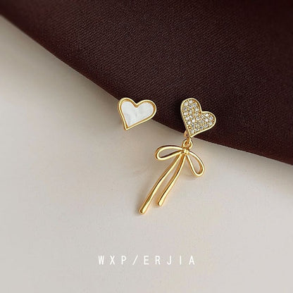 Heart Alloy Bow Shell Earring Asymmetrical Drop Rhinestone