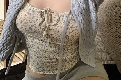 Floral Print Drawstring Crop Camisole Top / Plain Pointelle Knit Cardigan