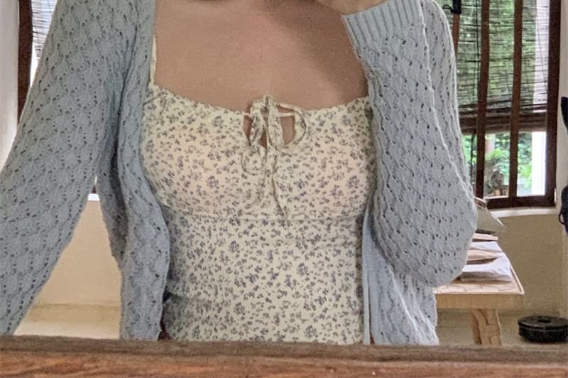 Floral Print Drawstring Crop Camisole Top / Plain Pointelle Knit Cardigan