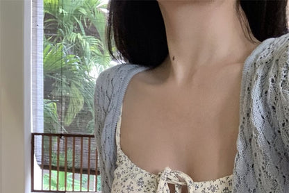 Floral Print Drawstring Crop Camisole Top / Plain Pointelle Knit Cardigan