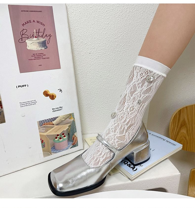 Plain Rhinestone Lace Short Socks