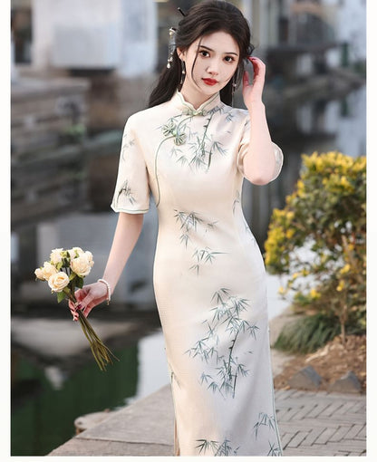 Short-Sleeve Patterned Print Midi Sheath Qipao