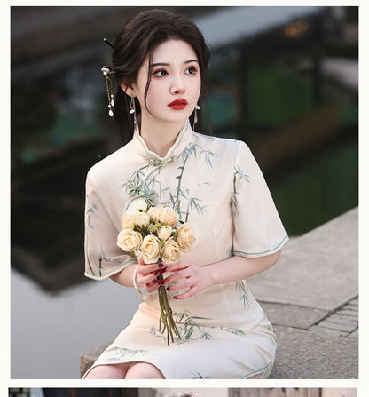 Short-Sleeve Patterned Print Midi Sheath Qipao
