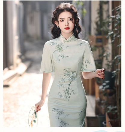 Short-Sleeve Patterned Print Midi Sheath Qipao