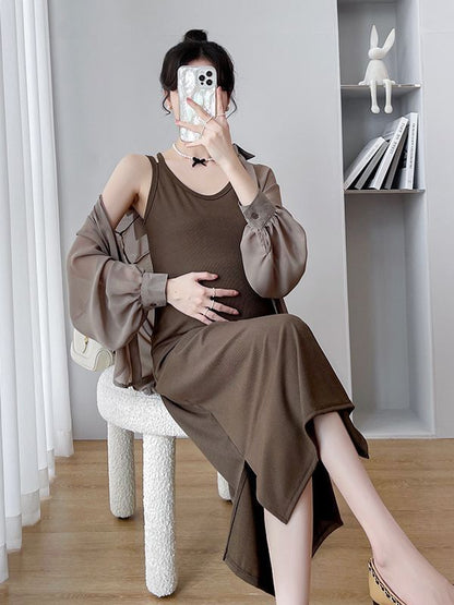 Maternity Set: Thin Strap Midi A-Line Dress + Button-Up Blouse