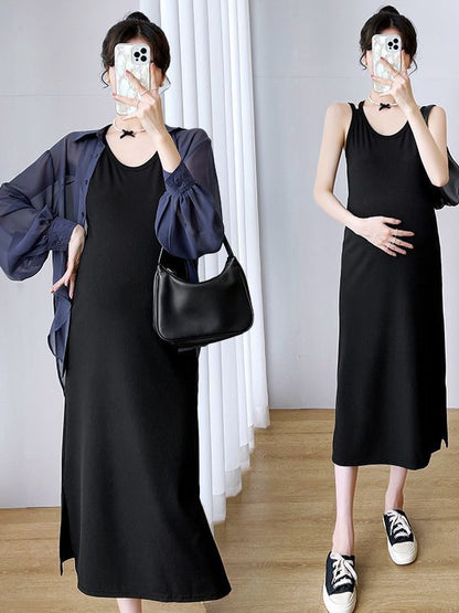 Maternity Set: Thin Strap Midi A-Line Dress + Button-Up Blouse