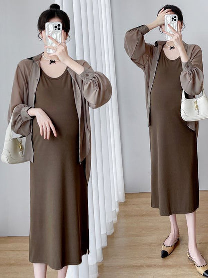 Maternity Set: Thin Strap Midi A-Line Dress + Button-Up Blouse