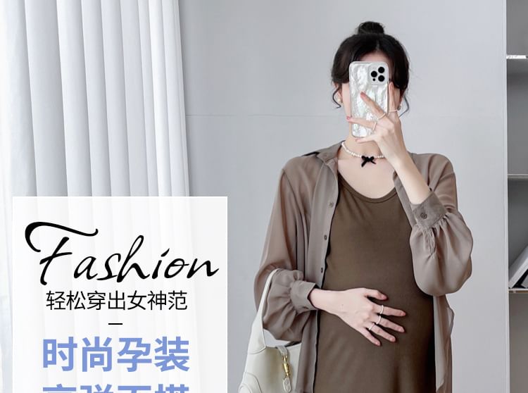 Maternity Set: Thin Strap Midi A-Line Dress + Button-Up Blouse