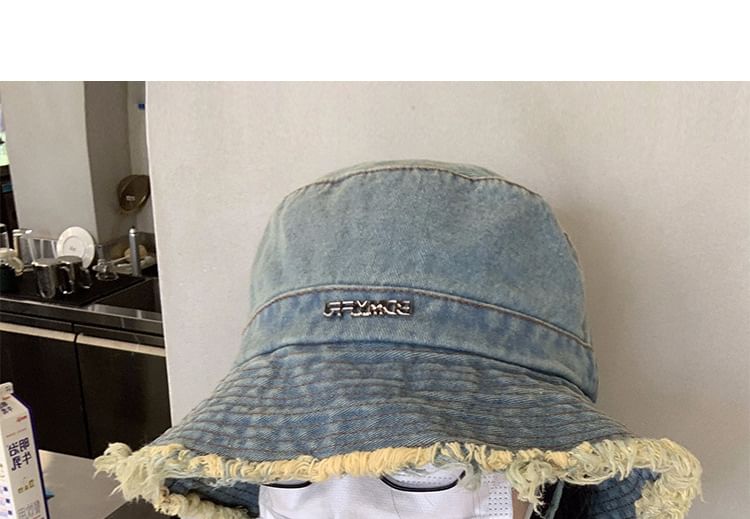 Lettering Fringed Denim Bucket Hat