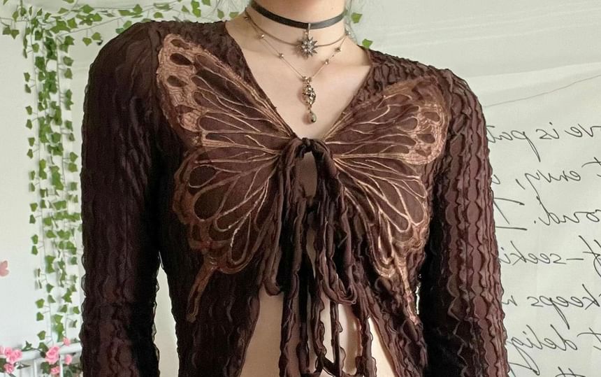 Long-Sleeve V-Neck Butterfly Print Ribbon Front Crop Top