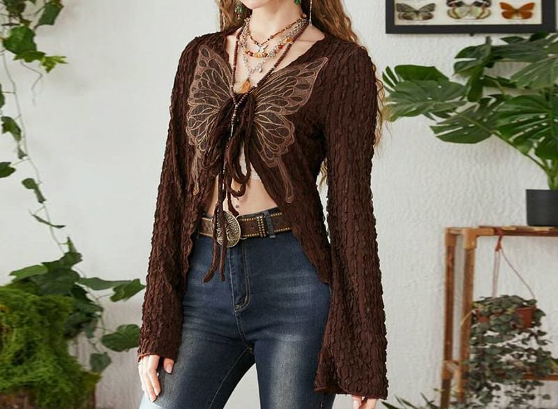 Long-Sleeve V-Neck Butterfly Print Ribbon Front Crop Top