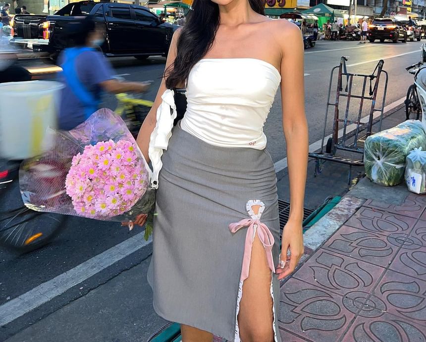 High Rise Plain Lace Trim Ribbon Midi Pencil Skirt