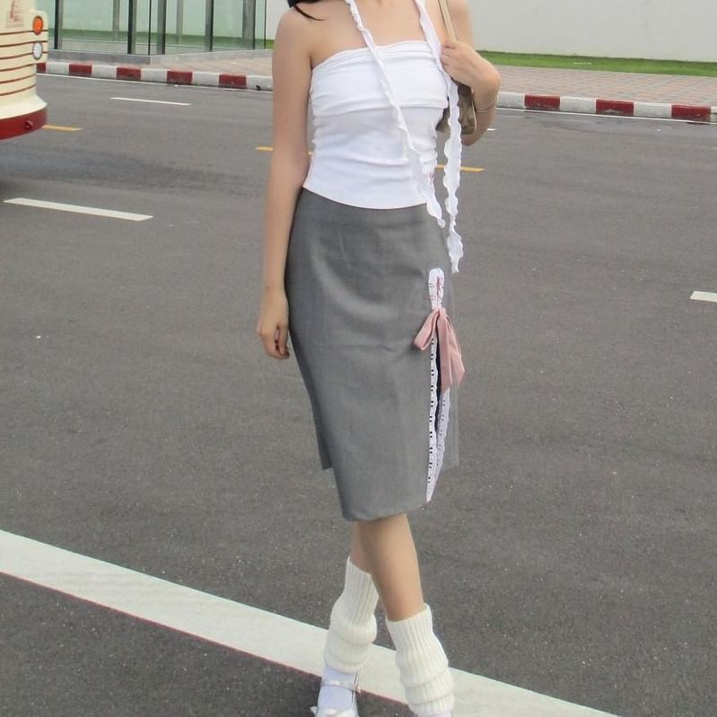 High Rise Plain Lace Trim Ribbon Midi Pencil Skirt