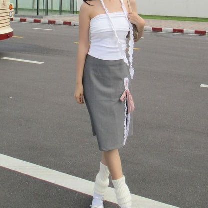 High Rise Plain Lace Trim Ribbon Midi Pencil Skirt