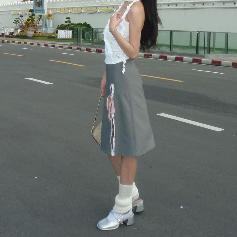 High Rise Plain Lace Trim Ribbon Midi Pencil Skirt