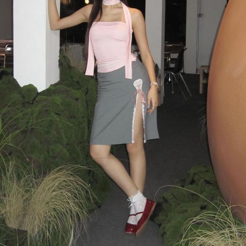 High Rise Plain Lace Trim Ribbon Midi Pencil Skirt