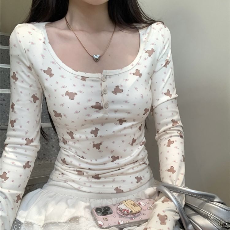 Long-Sleeve Henley Bear Print T-Shirt