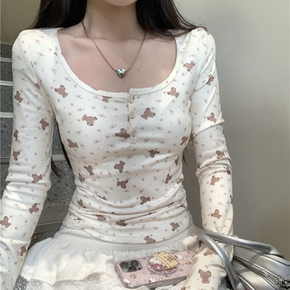 Long-Sleeve Henley Bear Print T-Shirt