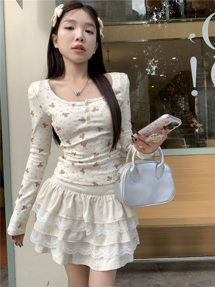 Long-Sleeve Henley Bear Print T-Shirt