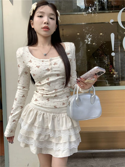 Long-Sleeve Henley Bear Print T-Shirt