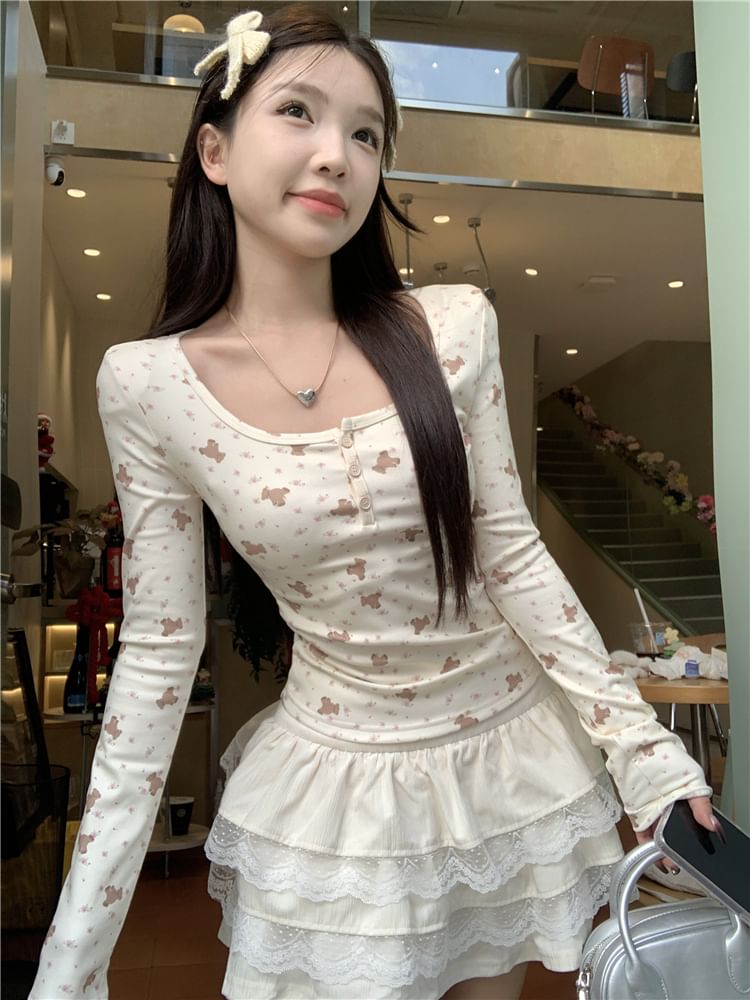 Long-Sleeve Henley Bear Print T-Shirt