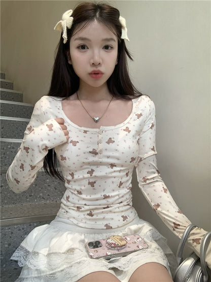 Long-Sleeve Henley Bear Print T-Shirt