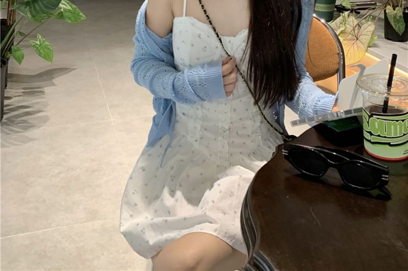 Spaghetti Strap Floral Print Ruffle Mini A-Line Dress / Plain Pointelle Cardigan