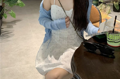 Spaghetti Strap Floral Print Ruffle Mini A-Line Dress / Plain Pointelle Cardigan