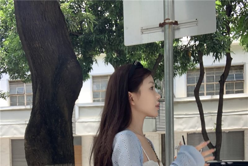 Spaghetti Strap Floral Print Ruffle Mini A-Line Dress / Plain Pointelle Cardigan