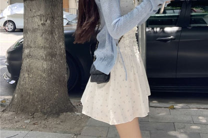 Spaghetti Strap Floral Print Ruffle Mini A-Line Dress / Plain Pointelle Cardigan